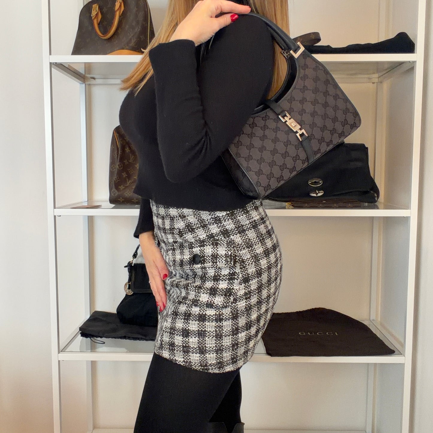 BORSA GUCCI JACKIE BARDOT TELA MARRONE E PELLE NERA