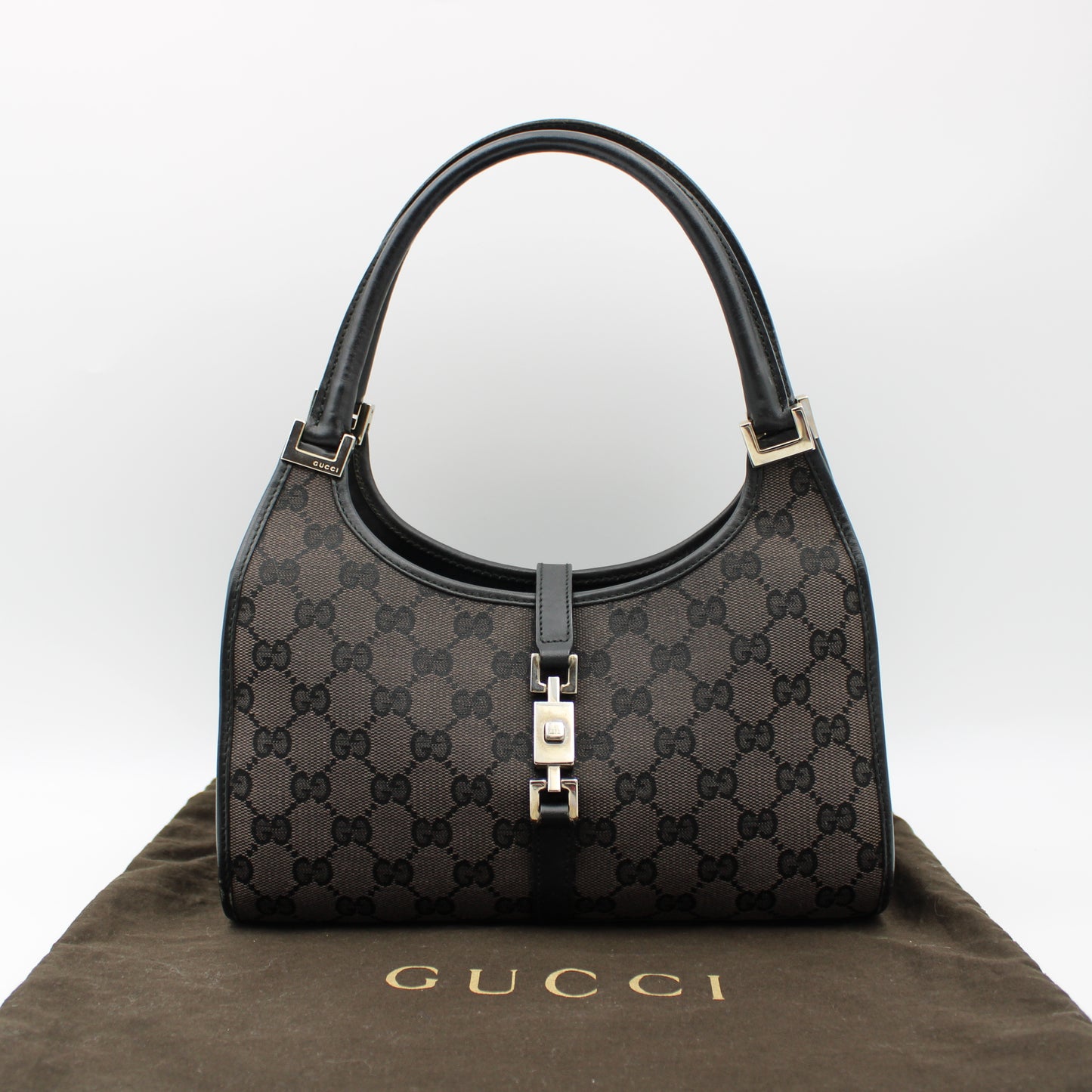 BORSA GUCCI JACKIE BARDOT TELA MARRONE E PELLE NERA