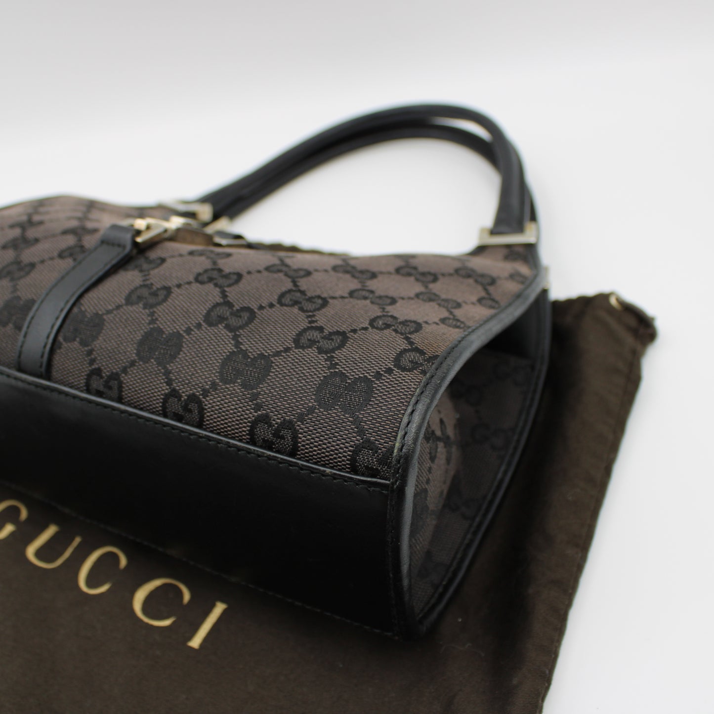 BORSA GUCCI JACKIE BARDOT TELA MARRONE E PELLE NERA
